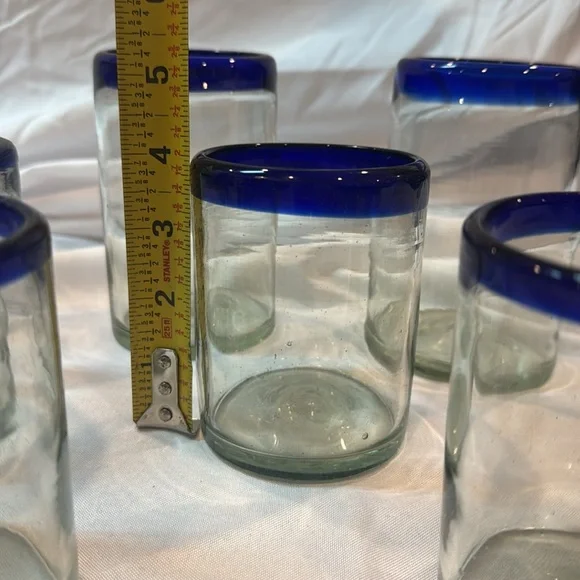 Set of 7 Hand Blown Mexican Bubble Glasses With Cobalt Blue Rim, Various Sizes - Picture 5 of 5